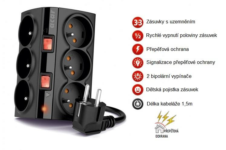 Prepäťová ochrana 150cm 6 zásuviek Acar Smart
