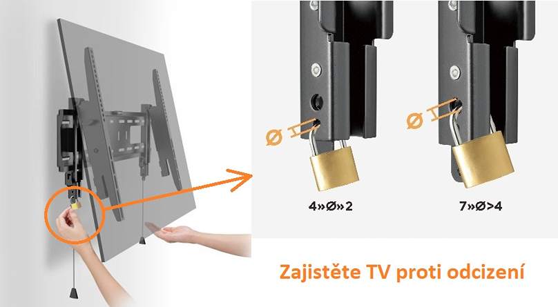 Tv držiaky Fiber Mounts Certeza umožňujú naklápanie hore aj dole a uzamknúť televíziu na držiaku a zamedziť odcudzeniu