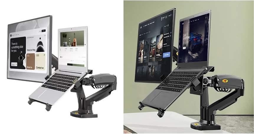 Držák na notebook laptop Fiber Mounts FM18 instalovaný na stolním držáku monitorů NB F160
