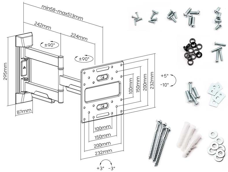 Rozmery Tv držiaka Fiber Mounts FM39b a dodávaný inštalačný materiál