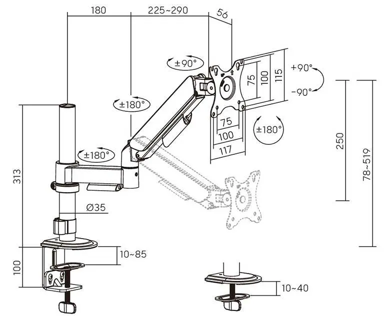 Rozmery a polohovateľnosť monitorového držiaka Fiber Mounts FM60