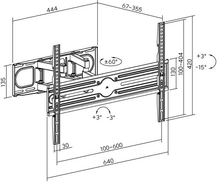 Rozmery držiaka na uchytenie a zavesenie TV na stenu Fiber Mounts FM81