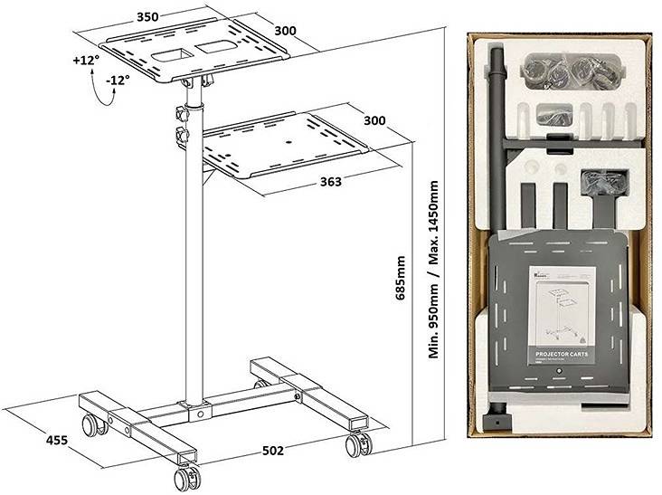 Kvalitný polohovateľný stolík na prednášky a prezentácie pre uloženie notebooku a projektora Fiber Mounts Fm88 rozmery, nastaviteľnosť, balenie, súčasti