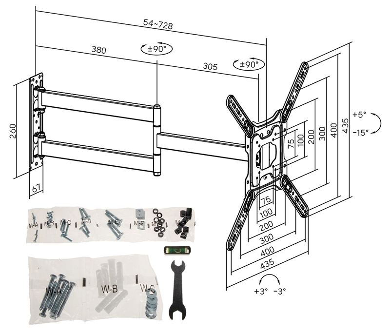 Kvalitný nástenný držiak na Tv monitor Fiber Mounts Fugero rozmery a inštalačný materiál