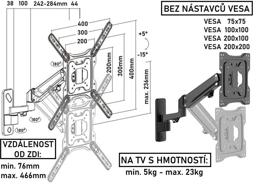 Držiak je vhodný na všetky televízory a monitory, ktorých hmotnosť je v rozmedzí 5kg až 23kg - Fiber Mounts KALIBR