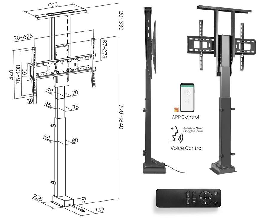 Televízny stojan s výškovým polohovaním televízora s možnosťou inštalácie do nábytku alebo k stene Fiber Mounts Paloma, rozmery
