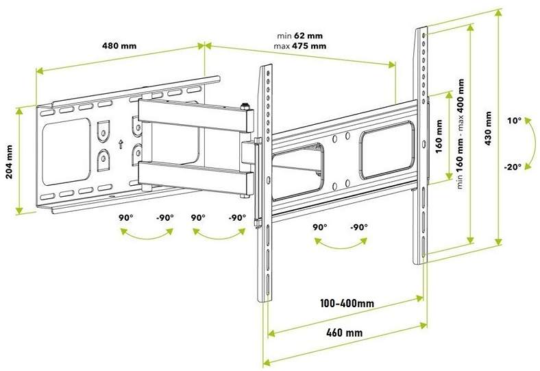 Televízny držiak Fiber Mounts Solid-4 rozmery a polohovateľnosť obrazovky na držiaku