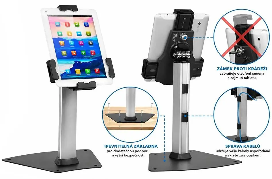Uzamykateľný stolný stojan na tablety iPady 7,9 - 10,5 palca, zaistenie tabletu iPadu proti krádeži, nastavenie sklonu, rotácie - Fiber Mounts TAGATA1