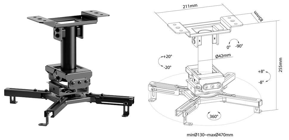 Držiak projektora stropný Fiber Mounts FM070 rozmery a polohovateľnosť