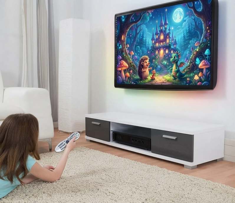 Zavesená televízia na stene v obývacej izbe - držiak Fiber Novelty C11F