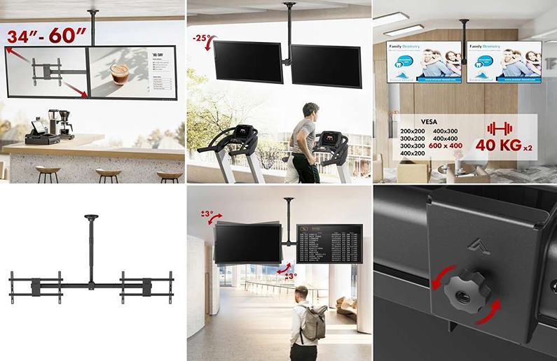 Polohovateľný stropný držiak na zavesenie 2 televízorov vedľa seba Fiber Mounts FM111B