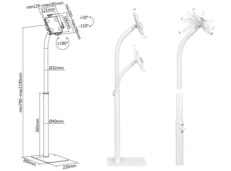Fiber Mounts M4C67-W podlahový stojan s držiakom na tablet - iPad s uzamknutím