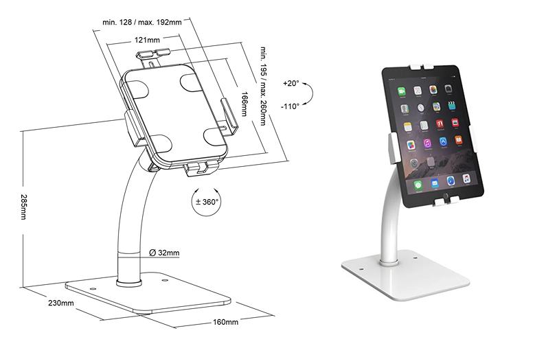 Držiak / podstavec na tablet s inštaláciou na stôl alebo stenu Fiber Mounts M4C68W uzamykateľný