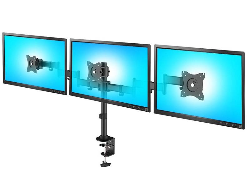 Kancelársky stolný držiak na tri monitory 13-27 palcov, umiestnenie vedľa seba v rade, polohovanie podľa potreby Fiber Mounts M6C91