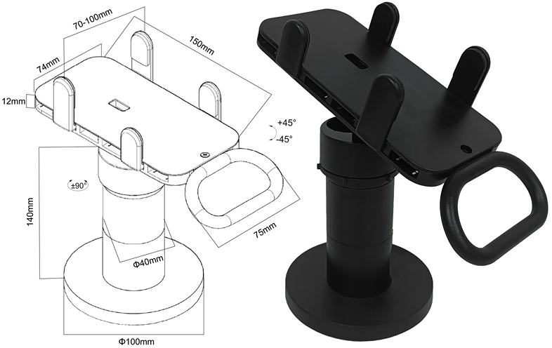 Otočný a sklopný držiak na platobný terminál Fiber Mounts M8C19 rozmery
