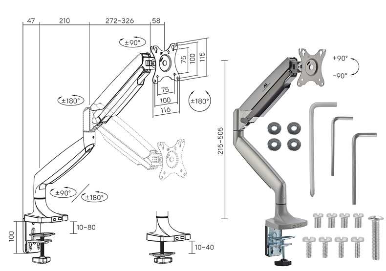 Rozmery a inštalačný materiál držiaka monitora Fiber Mounts M9C69