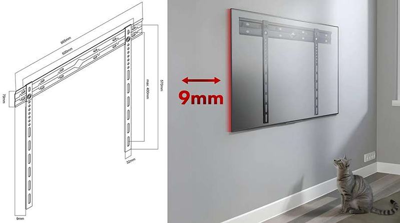 Fixný držiak na televízie a monitory so vzdialenosťou od steny iba 9mm a nosnosťou 65kg Fiber Mounts Thin9XL rozmery