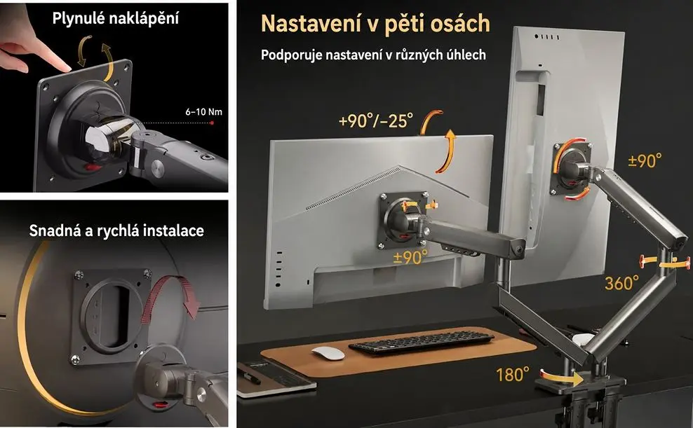Kvalitný stolný držiak na 2 monitory alebo displeje s kompletnou polohovateľnosťou NB A5C