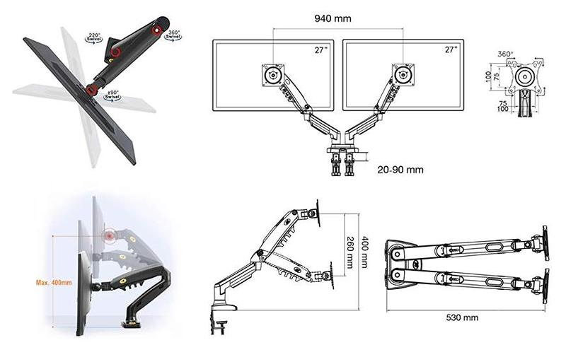 Kvalitný polohovateľný stolný držiak pre dva monitory Fiber Mounts F160