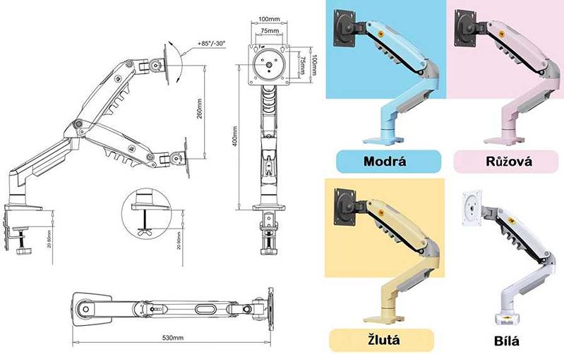 Výkres držiak Fiber Mounts F80 / drzakyastolky.cz Rozmery držiaka monitora NB F80xd žltej farby a ďalšie farebné varianty