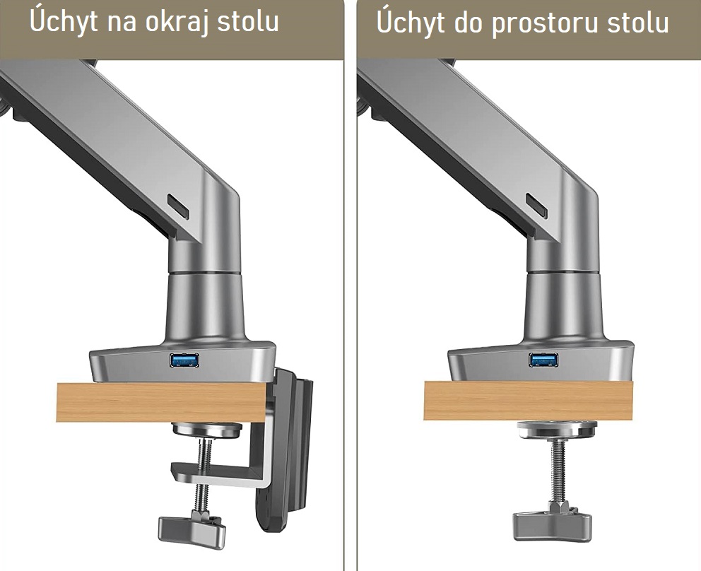 Balenie obsahuje 2 typy úchytov: 1x na okraje stolov a 1x do priestoru stola - nutný otvor 10mm