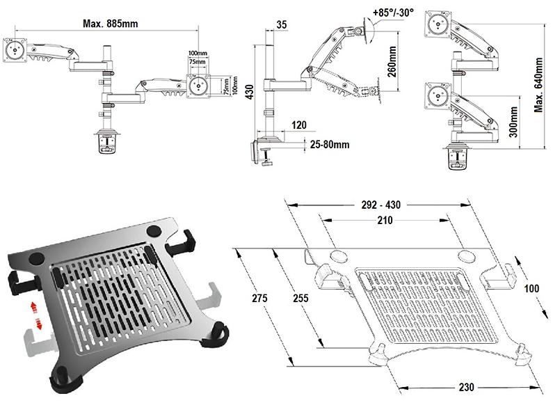 Rozmery držiaka na monitor a držiaka na notebook NB H3-H180