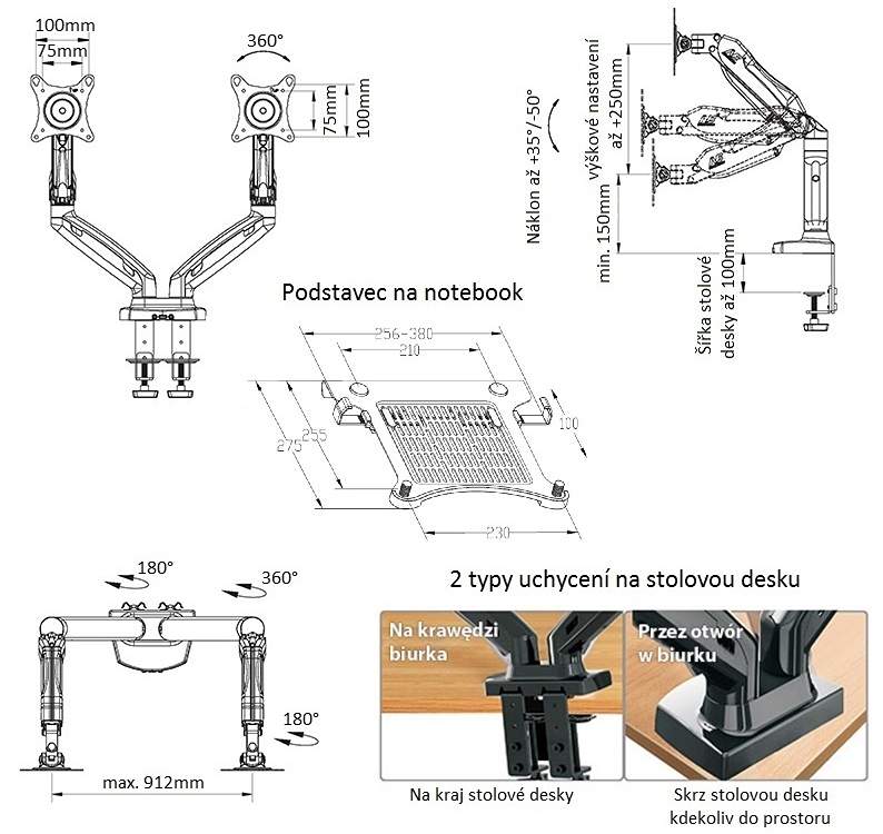 Fiber Mounts 764F160: držiak na monitor a notebook (laptop), uchytenie na stôl, otočný, sklopný, výškovo a dĺžkovo nastaviteľný, top kvalita, krásny design Rozmery stolného držiaka na monitor a notebook / laptop Fiber Mounts H3F160