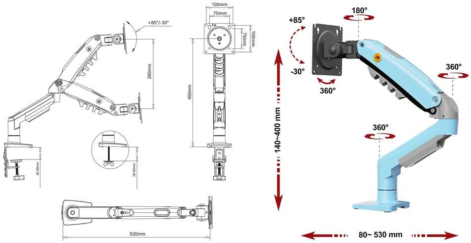 Výkres držiak Fiber Mounts F80 / drzakyastolky.cz Polohovateľnosť a rozmery držiaka monitora NB F80xm