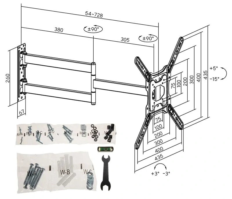 Kvalitný nástenný držiak na Tv monitor Fiber Mounts Fugero rozmery a inštalačný materiál