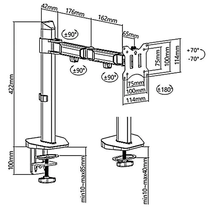 Rozmery a polohovateľnosť monitorového držiaka Fiber Mounts FM448