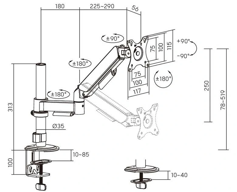 Rozmery a polohovateľnosť monitorového držiaka Fiber Mounts FM60